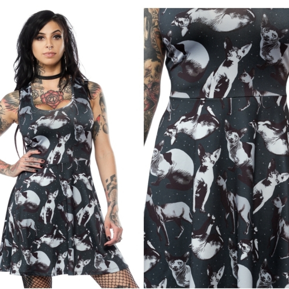 3xl Sourpuss sphynx skater dress. Hairless cat